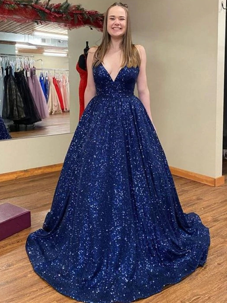Shiny V Neck Navy Blue Long Prom Dresses, Sparkly Navy Blue Formal Eve Shiny Party Shiny V Neck Navy Blue Long Prom Dresses, Sparkly Navy Blue Formal Eve Shiny Party
