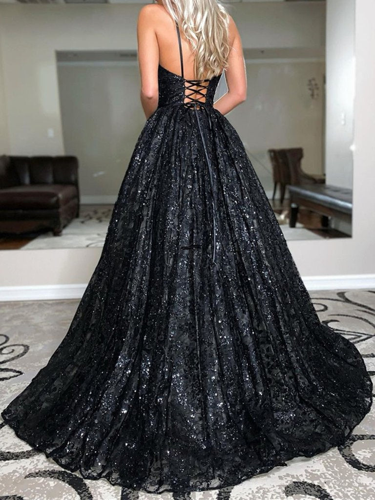 Shiny V Neck Open Back Black Long Prom Dresses, Backless Black Formal Dresses, Sparkly Black Evening Dresses Shiny V Neck Open Back Black Long Prom Dresses, Backless Black Formal Dresses, Sparkly Black Evening Dresses