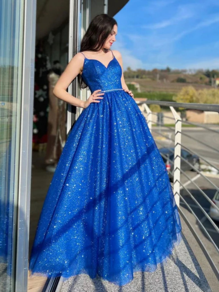 Shiny V Neck Open Back Blue Tulle Long Prom Dresses, Blue Tulle Formal Dresses, Blue Evening Dresses SP2567