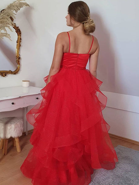 Shiny V Neck Open Back Puffy Red Tulle Long Prom Dresses, Red Tulle Formal Evening Dresses SP2293