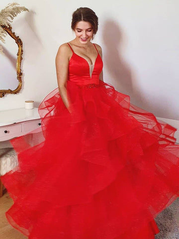 Shiny V Neck Open Back Puffy Red Tulle Long Prom Dresses, Red Tulle Formal Evening Dresses SP2293