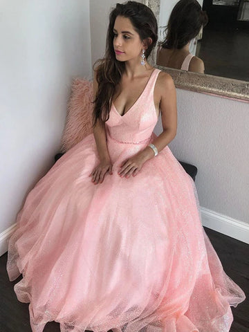 Shiny V Neck Pink Sequin Long Prom Dresses, Sparkly Pink Formal Evening Dresses