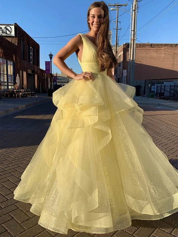 Shiny V Neck Sequins Yellow Long Prom Dresses, Fluffy Yellow Formal Evening Dresses, Sparkly Ball Gown