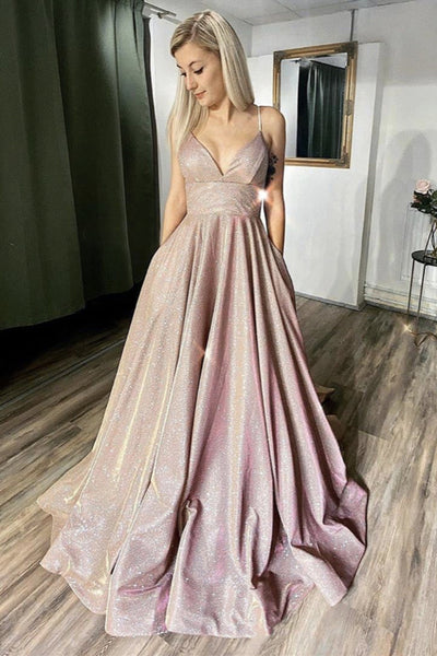 Shiny V Neck Thin Straps Pink Sequins Long Prom Dresses, Open Back Pink Formal Evening Dresses