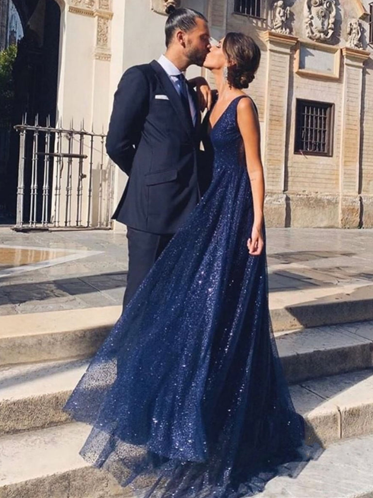 Shiny A Line V Neck and V Back Navy Blue Long Prom Dresses, Sparkly V Neck Backless Navy Blue Formal Graduation Evening Dresses Shiny A Line V Neck and V Back Navy Blue Long Prom Dresses, Sparkly V Neck Backless Navy Blue Formal Graduation Evening Dresses