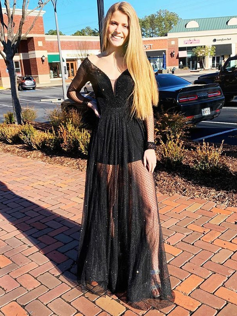 Shiny Long Sleeves V Neck Lace Sequins Black Long Prom Dresses, Long S Shiny Party Shiny Long Sleeves V Neck Lace Sequins Black Long Prom Dresses, Long S Shiny Party