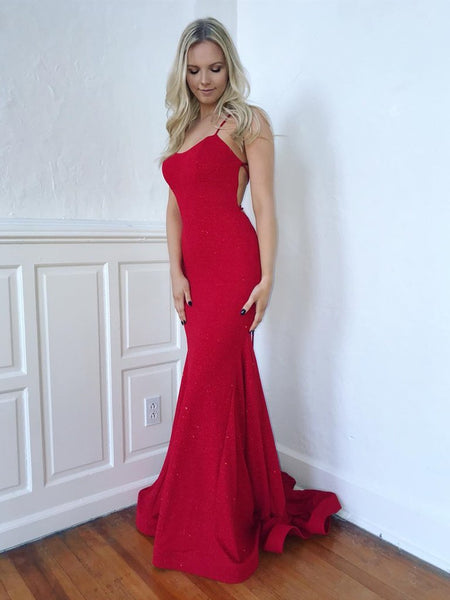 Shiny Red Mermaid Backless Long Prom Dresses, Mermaid Backless Red Formal Graduation Evening Dresses 2019