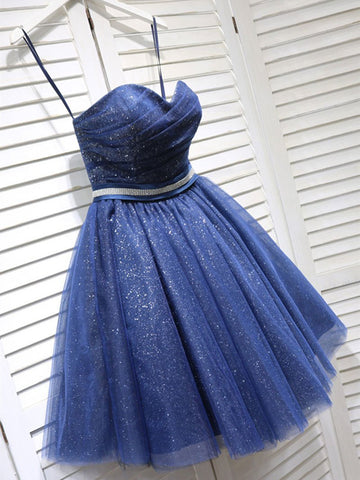 Shiny Strapless Blue Short Prom Dresses Homecoming Dresses, Short Blue Formal Graduation Evening Dresses