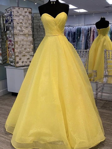 Shiny Strapless Open Back Sequins Yellow Prom Dresses, Sparkly Yellow Formal Evening Dresses, Yellow Ball Gown