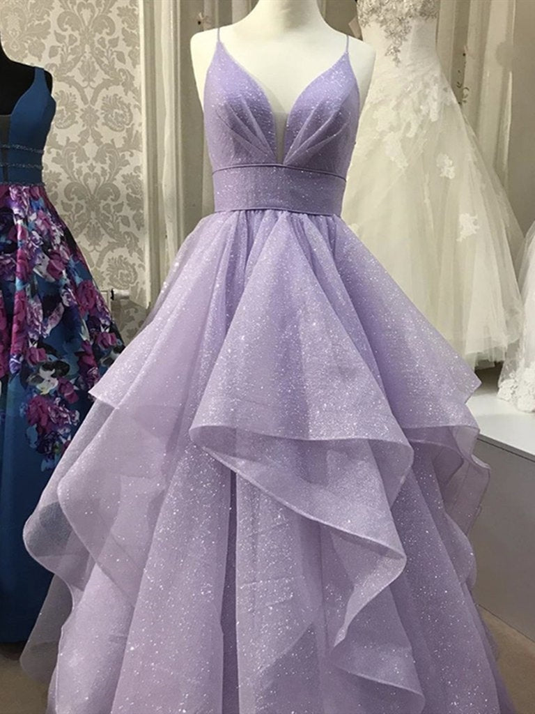Shiny V Neck Puffy Long Purple Prom Dresses, V Neck Purle Formal Graduation Evening Dresses, Sparkly Purple Ball Gown Shiny V Neck Puffy Long Purple Prom Dresses, V Neck Purle Formal Graduation Evening Dresses, Sparkly Purple Ball Gown