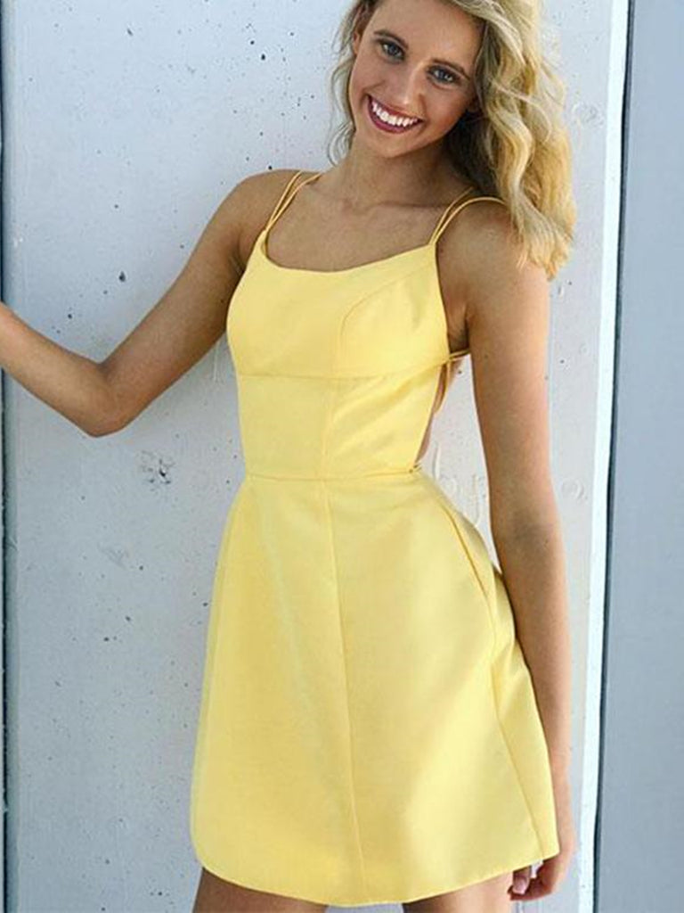 Short Backless Yellow Prom Homecoming Dresses, Backless Yellow Formal Shiny Party Short Backless Yellow Prom Homecoming Dresses, Backless Yellow Formal Shiny Party