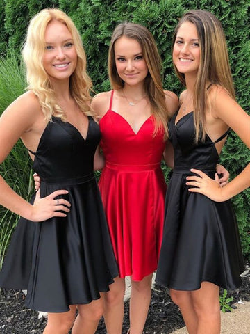 Short V Neck Red/Black Prom Homecoming Dresses, V Neck Red/Black Formal Graduation Evening Dresses
