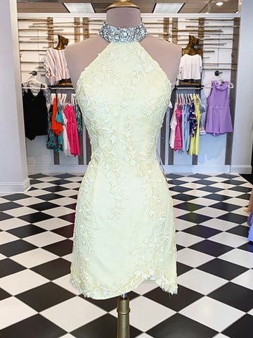Short Backless Yellow Lace Prom Dresses, Short Yellow Backless Lace Formal Homecoming Dresses