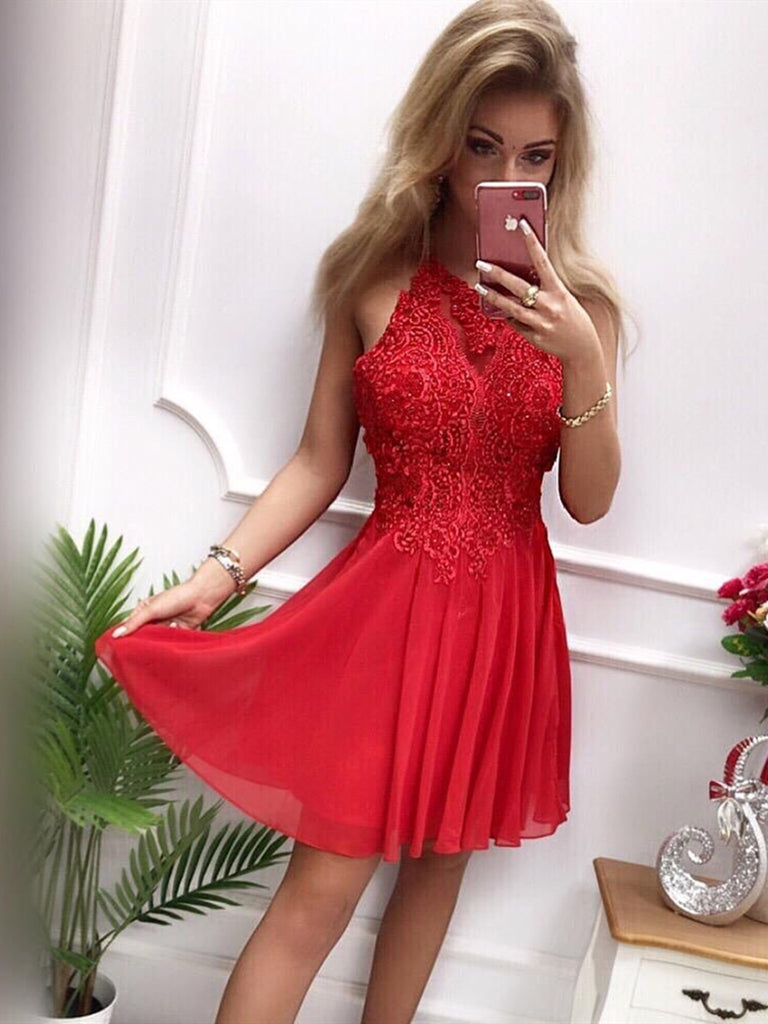 Short Gray Red Lace Prom Dresses, Short High Neck Gray Red Lace Formal Homecoming Dresses