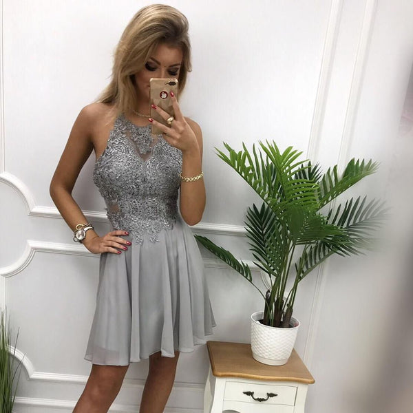 Short Gray Red Lace Prom Dresses, Short High Neck Gray Red Lace Formal Homecoming Dresses