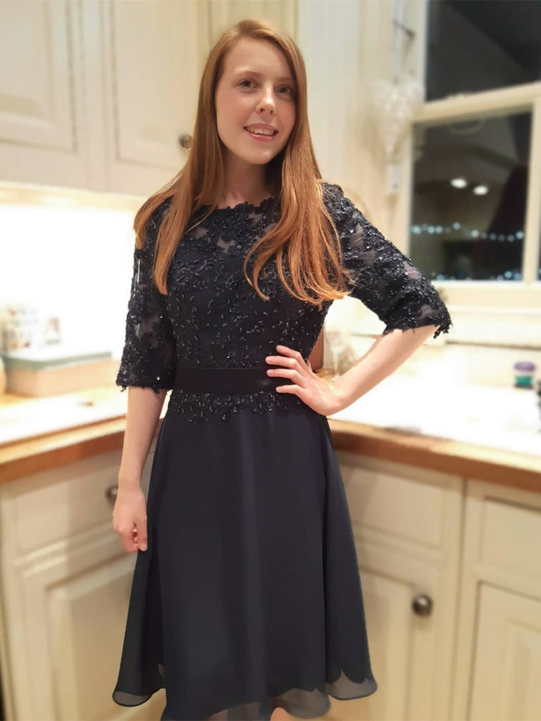 Half Sleeves Beaded Black Lace Prom Dresses, Black Lace Homecoming Dre Shiny Party Half Sleeves Beaded Black Lace Prom Dresses, Black Lace Homecoming Dre Shiny Party