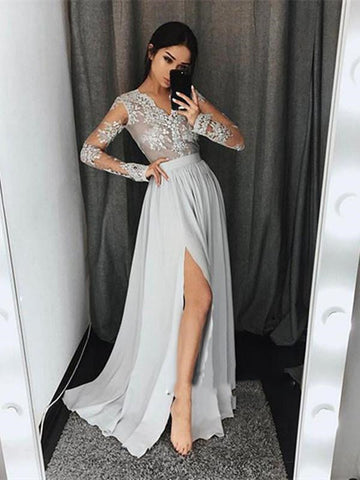 Silver Grey A Line V Neck Long Sleeves Lace Prom Dresses, Silver Grey Lace Formal Dresses, Graduation Dresses
