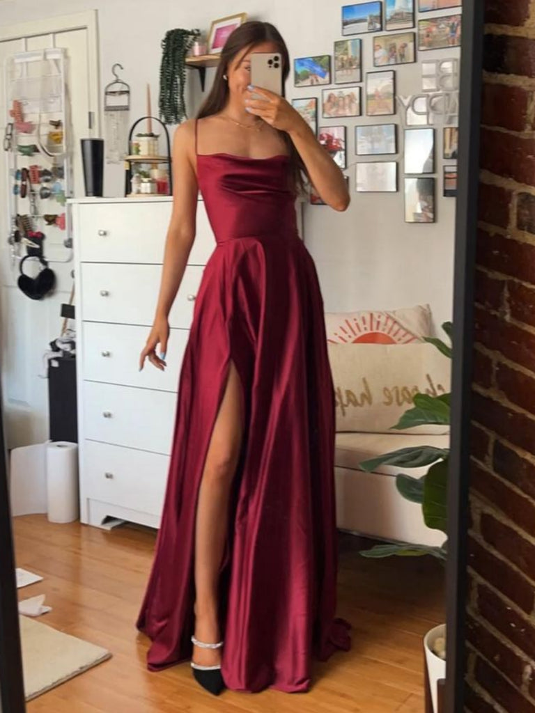 maroon silk dress long SORAYA Satin Cowl Neck Bridesmaids Maxi Dress with Side Split