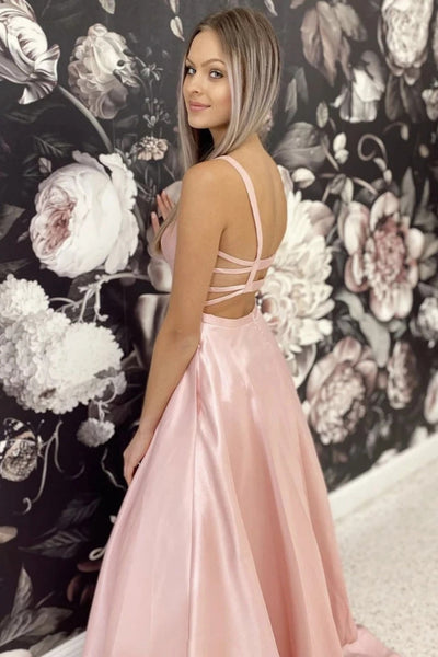 Simple A Line Pink Satin Long Prom Dresses, Long Pink Formal Evening Dresses