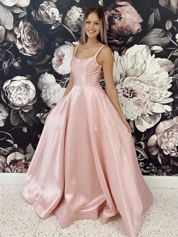 Simple A Line Pink Satin Long Prom Dresses, Long Pink Formal Evening Dresses
