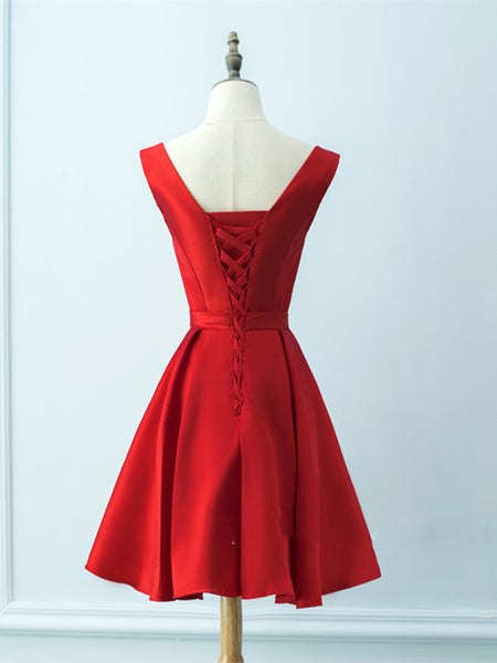 Simple A Line Short Red Prom Dress, Red Satin Graduation Dress, Red Homecoming Dress