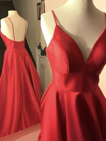 Simple A Line V Neck Backless Red Satin Long Prom Dresses, Backless Red Formal Dresses, Red Evening Dresses