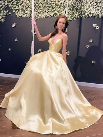 V Neck Backless Strapless Yellow Long Prom Dresses, Backless