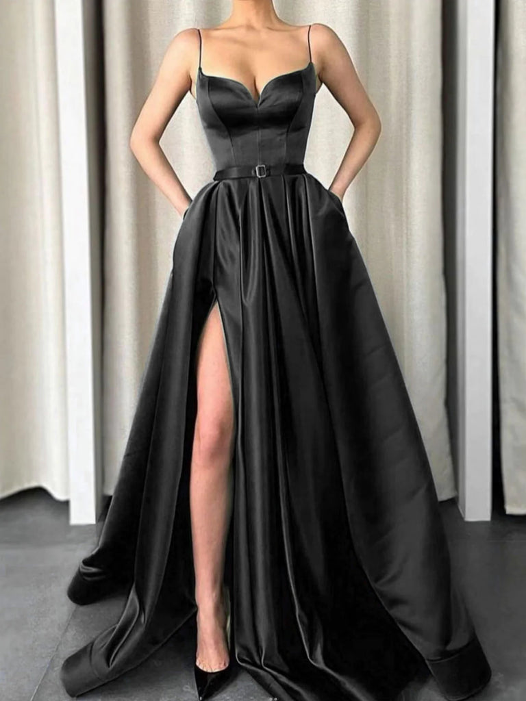 A Line V Neck Black Satin Prom Dresses, Black Satin V Neck Formal Even –  jbydress