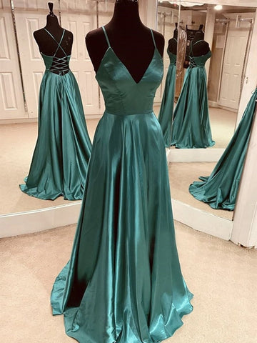 Simple A Line V Neck Satin Backless Green Long Prom Dresses, Open Back Green Formal Graduation Evening Dresses