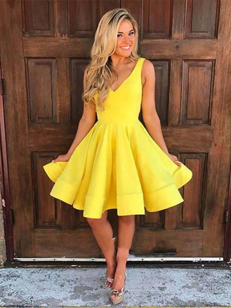 Simple A Line V Neck Short Yellow Prom Dresses, Short Yellow Homecomin Shiny Party Simple A Line V Neck Short Yellow Prom Dresses, Short Yellow Homecomin Shiny Party