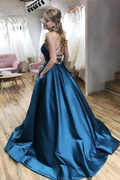 Simple Backless Blue Satin Long Prom Dresses with Pocket, Thin Strap Blue Formal Evening Dresses
