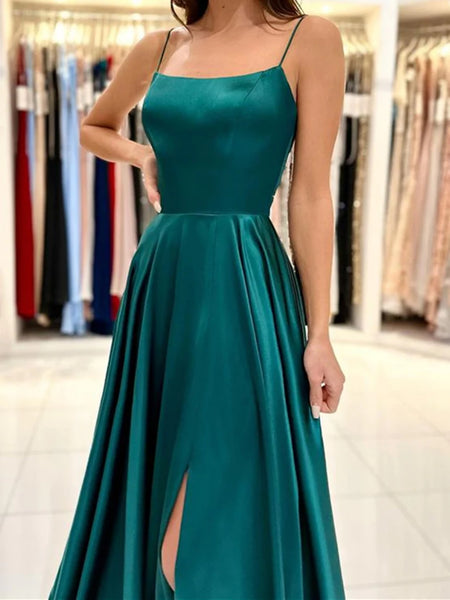 Simple Backless Dark Green Satin Long Prom Dresses with High Slit, Dark Green Formal Graduation Evening Dresses SP2545