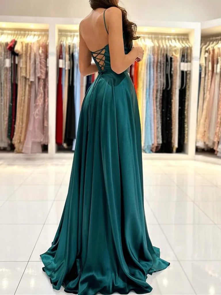 dark green graduation dress Simple Backless Dark Green Satin Long Prom Dresses with High Slit, Dar – Shiny Party