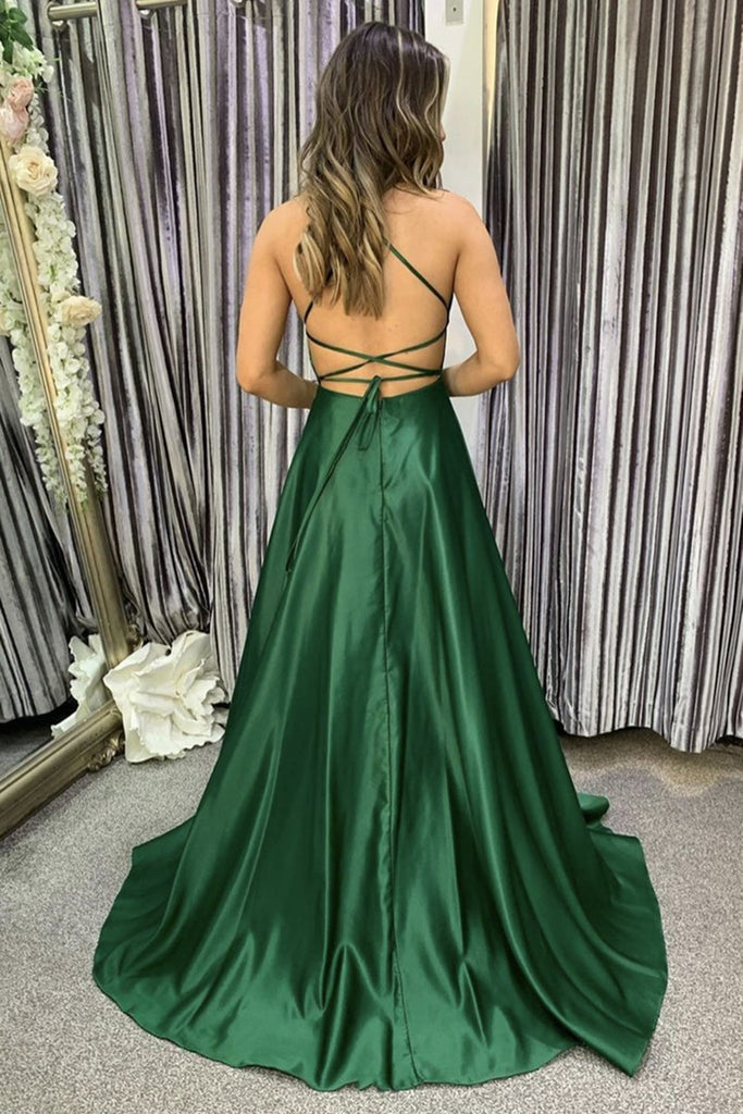 Simple Backless Emerald Green Satin Long Prom Dresses, Long Green