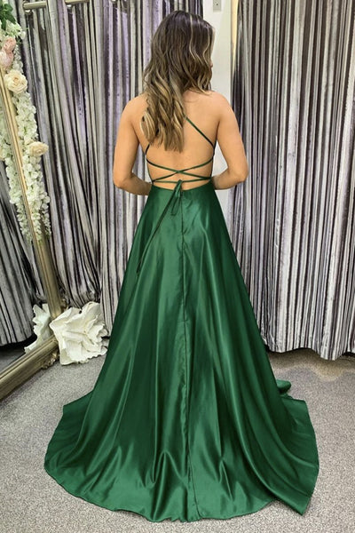 Simple Backless Emerald Green Satin Long Prom Dresses, Long Green Formal Graduation Evening Dresses