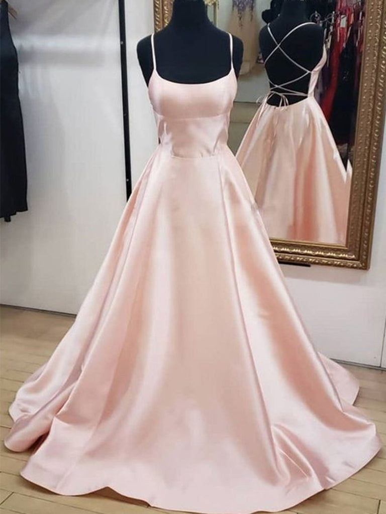 Simple Backless Pink Long Prom Dresses, Pink Formal Graduation Evening Dresses