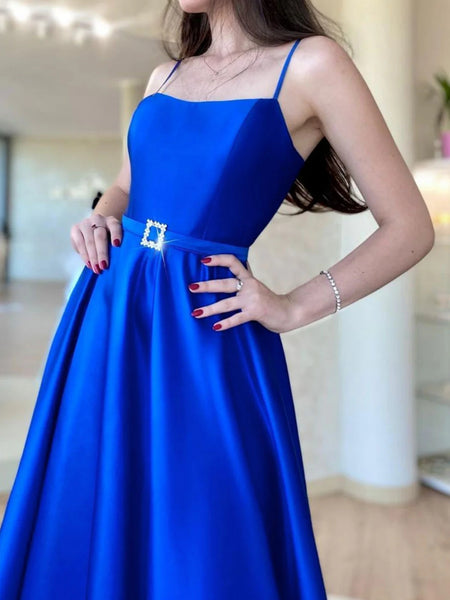 Simple Backless Royal Blue Satin Long Prom Dresses with High Slit, Royal Blue Formal Graduation Evening Dresses SP2502