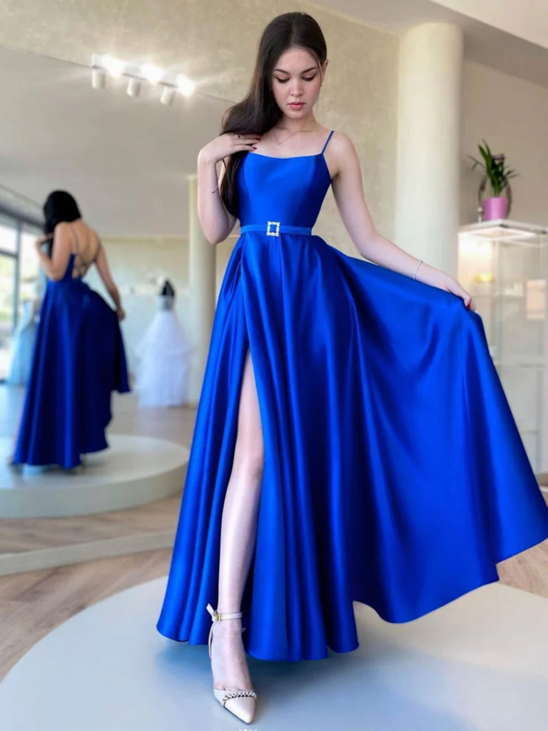 One Shoulder Blue Satin Long Prom Dresses with High Slit, One Shoulder –  Eip Collection