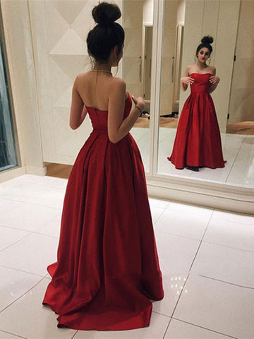 Simple Fluffy Red Satin Prom Dresses, Long Red Formal Dresses