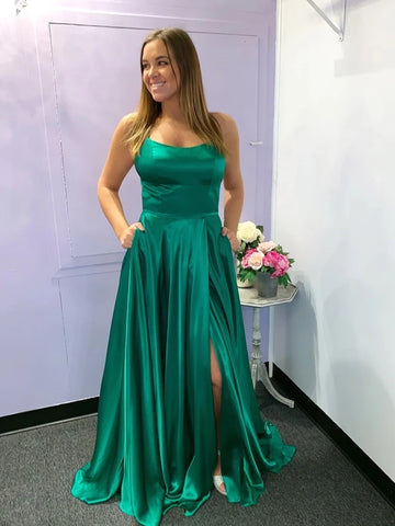 Simple Green Satin Long Prom Dresses with High Slit, Green Formal Graduation Evening Dresses
