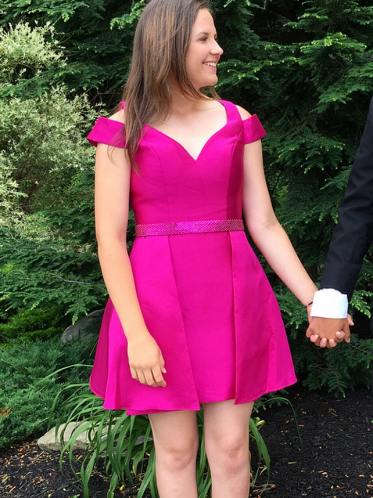 Simple Off Shoulder Fuchsia Satin Short Prom Dresses, Off Shoulder Fuc Shiny Party Simple Off Shoulder Fuchsia Satin Short Prom Dresses, Off Shoulder Fuc Shiny Party