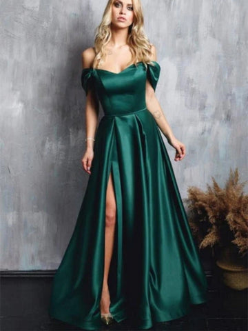 Simple Off Shoulder Green Satin Long Prom Dresses with High Slit, Long Green Formal Graduation Evening Dresses SP2625