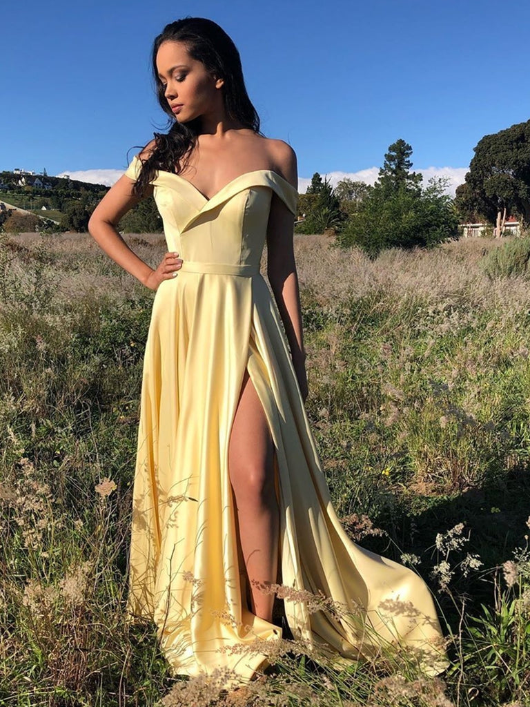 Simple Off Shoulder Long Yellow Prom Dresses with Hight Slit, Off Shoulder Yellow Formal Dresses, Yellow Evening Dresses