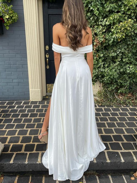 Simple Off Shoulder White Satin Long Prom Dresses with High Slit, Off the Shoulder White Formal Graduation Evening Dresses SP2599