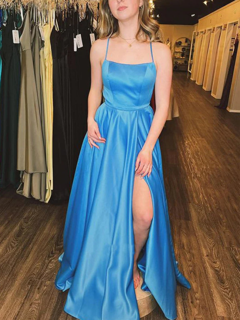 Simple Open Back Blue Satin Long Prom Dresses with High Slit, Long Blue Formal Graduation Evening Dresses SP2597