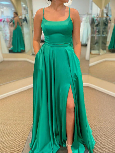 Simple Open Back Green Satin Long Prom Dresses with High Slit, Long Green Formal Graduation Evening Dresses SP2362
