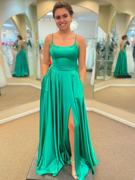 Simple Open Back Green Satin Long Prom Dresses with High Slit, Long Green Formal Graduation Evening Dresses SP2362