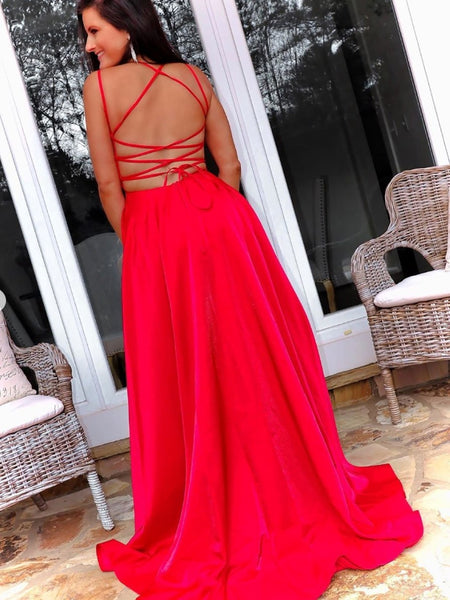 Simple Open Back Red Long Prom Dresses with Cross Back, Red Formal Graduation Evening Dresses with High Slit