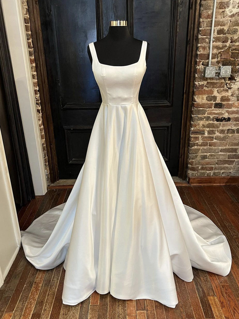 Simple Open Back White Satin Long Prom Dresses, Ivory Satin Long Forma Shiny Party Simple Open Back White Satin Long Prom Dresses, Ivory Satin Long Forma Shiny Party