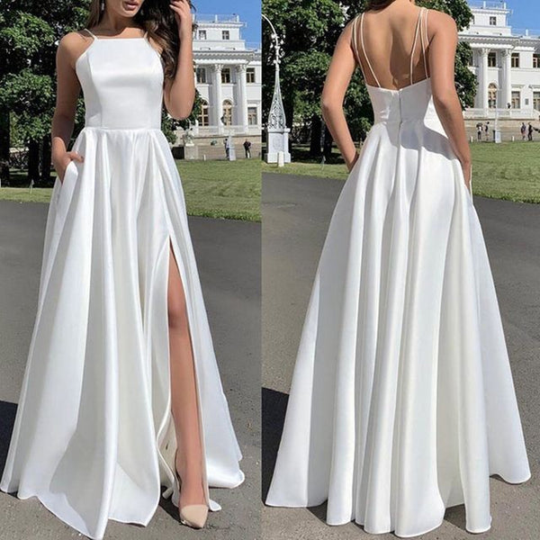 Simple Open Back White Satin Long Prom Dresses with High Slit, Long White Formal Graduation Evening Dresses SP2213